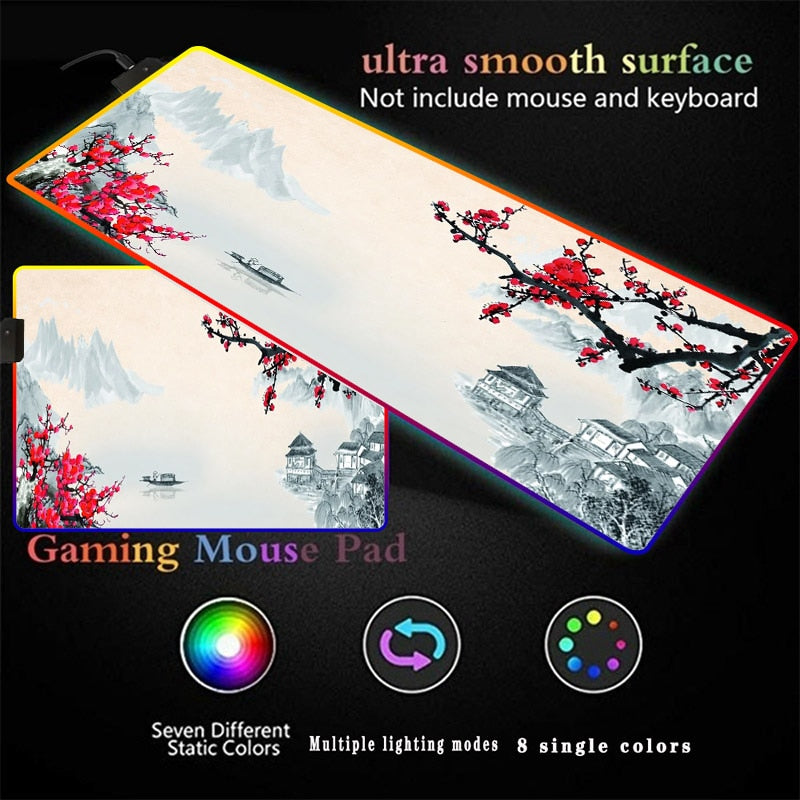 Landscape Flower Painting RGB Gaming Large Mouse Pad Gamer Led Computer Mousepad with Backlight Carpet for Keyboard Desk Mat