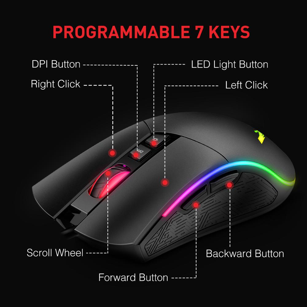 Havit RGB Gaming Mouse Wired Programmable Ergonomic USB Mice 4800 DPI 7 Buttons &amp; 7 Color Backlit for PC Gamer Computer Desktop