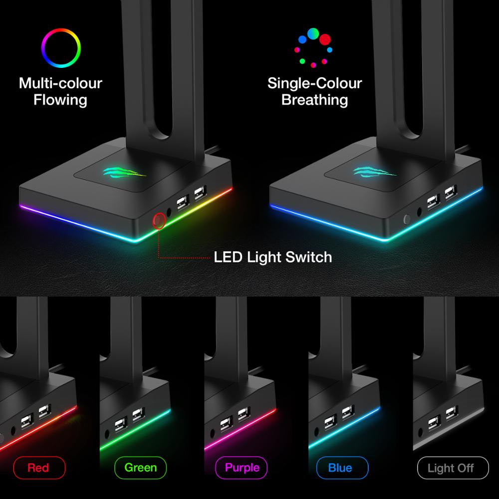 Havit RGB Headphones Stand with 3.5mm AUX and 2 USB Ports, Headphone Holder for Gamers Gaming PC Accessories Desk