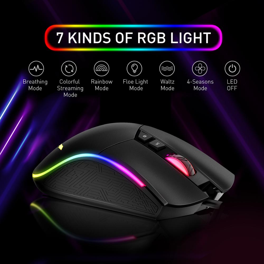 Havit RGB Gaming Mouse Wired Programmable Ergonomic USB Mice 4800 DPI 7 Buttons &amp; 7 Color Backlit for PC Gamer Computer Desktop